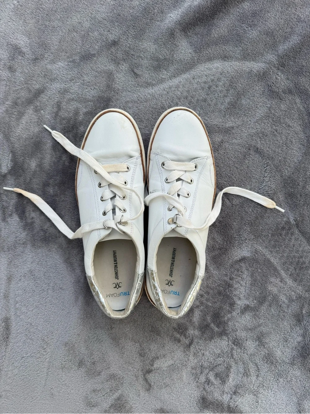 Johnston & Murphy White Leather Sneakers with Silver Heel Accent